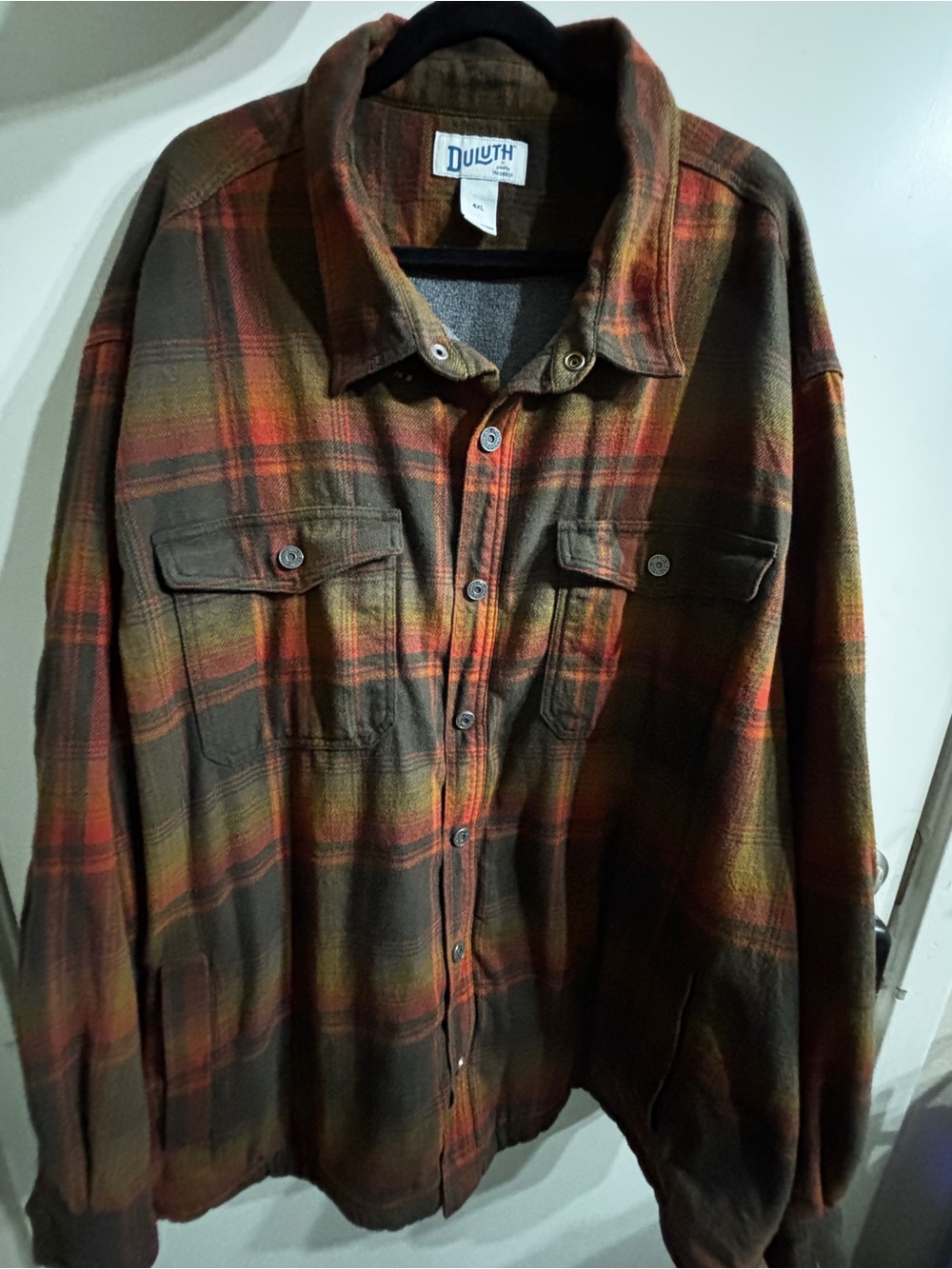 Duluth Trading Co Olive & Rust Plaid Flapjack Fleece Lined Relaxed Fit Shirt Jac